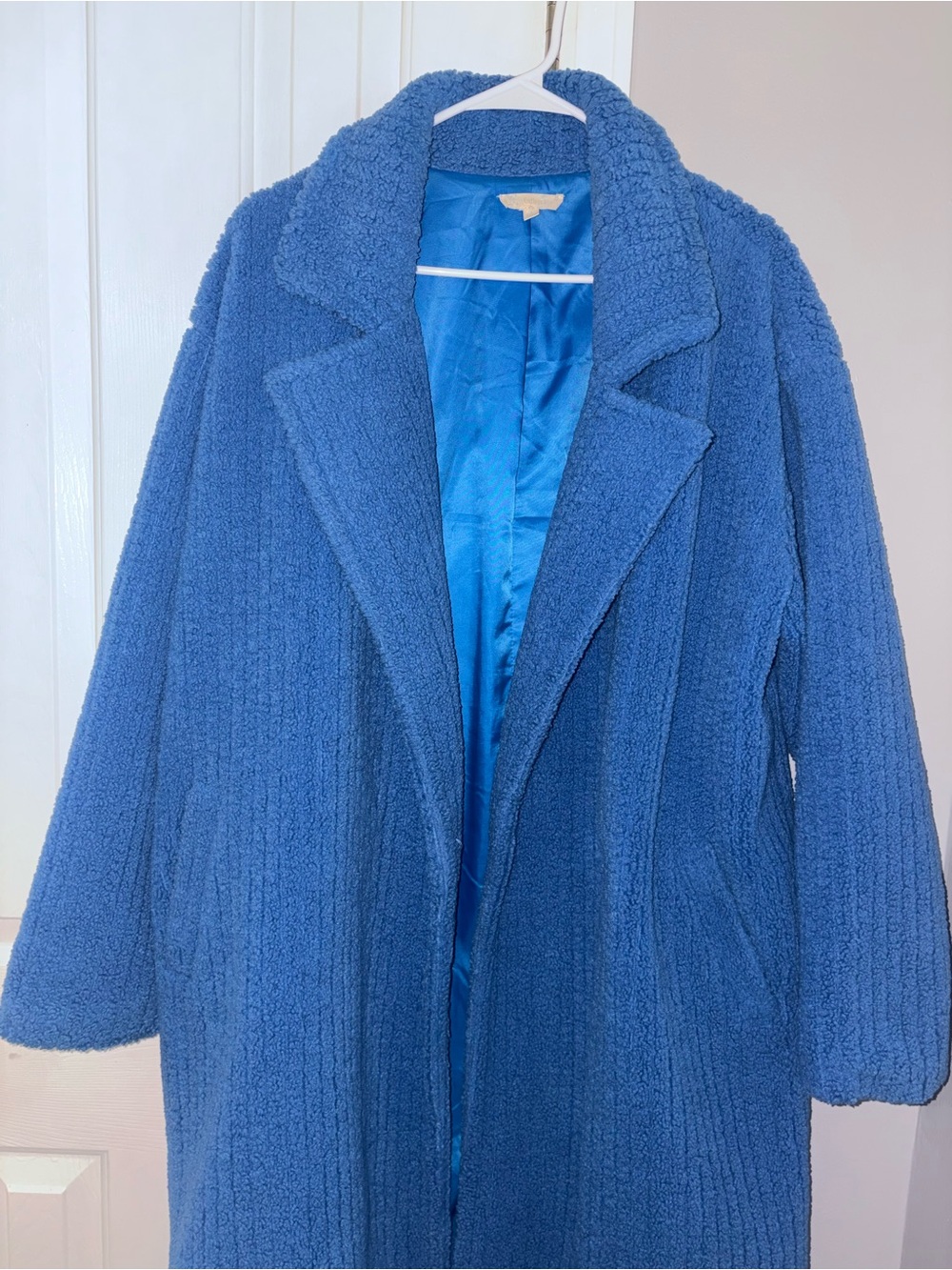 Cobalt Blue Textured Oversized Teddy Coat Women's Long Jacket - Picture 4 of 4